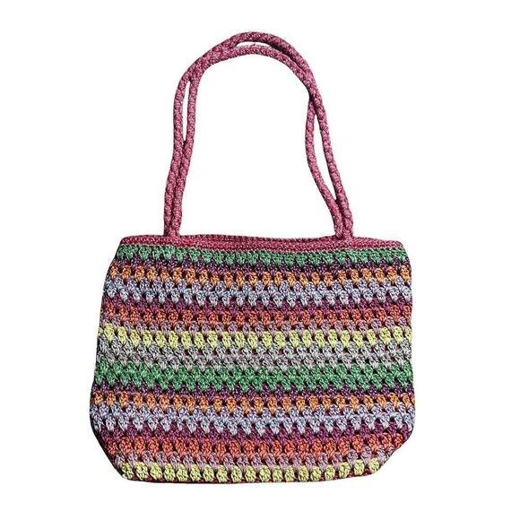 Red Striped Crochet Shoulder Bag Medium Multicolor - Picture 1 of 5